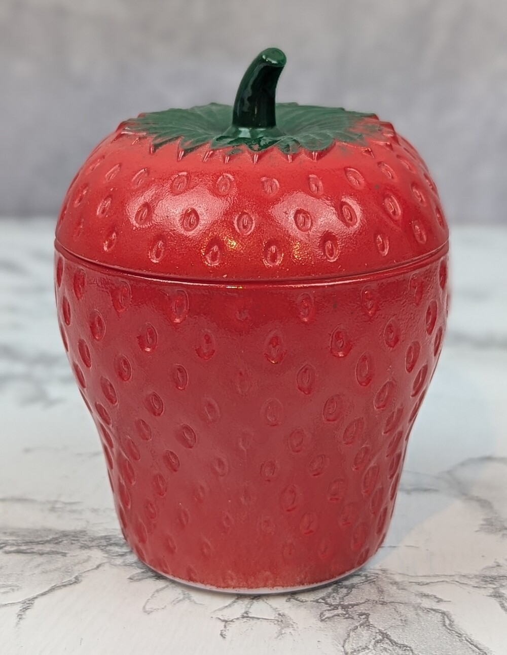 Hazel Atlas Strawberry Milk Glass Lidded Jam Jar Sugar Bowl Cottagecore - Picture 2 of 11
